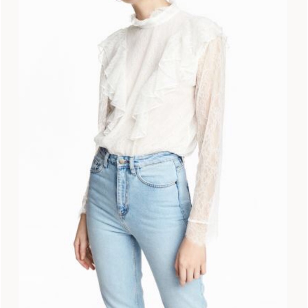 H&M Ruffle and Lace Long Sleeve Off-White Blouse Size 4
